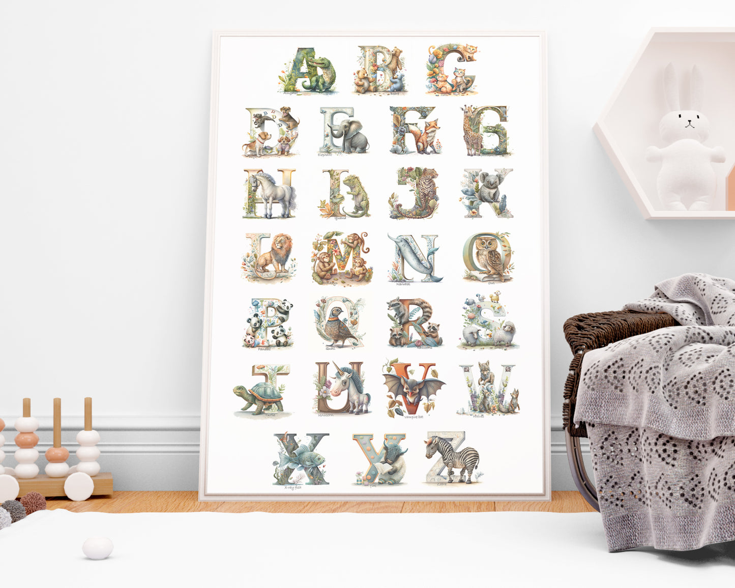 Kids Watercolor Animal Alphabet Print.