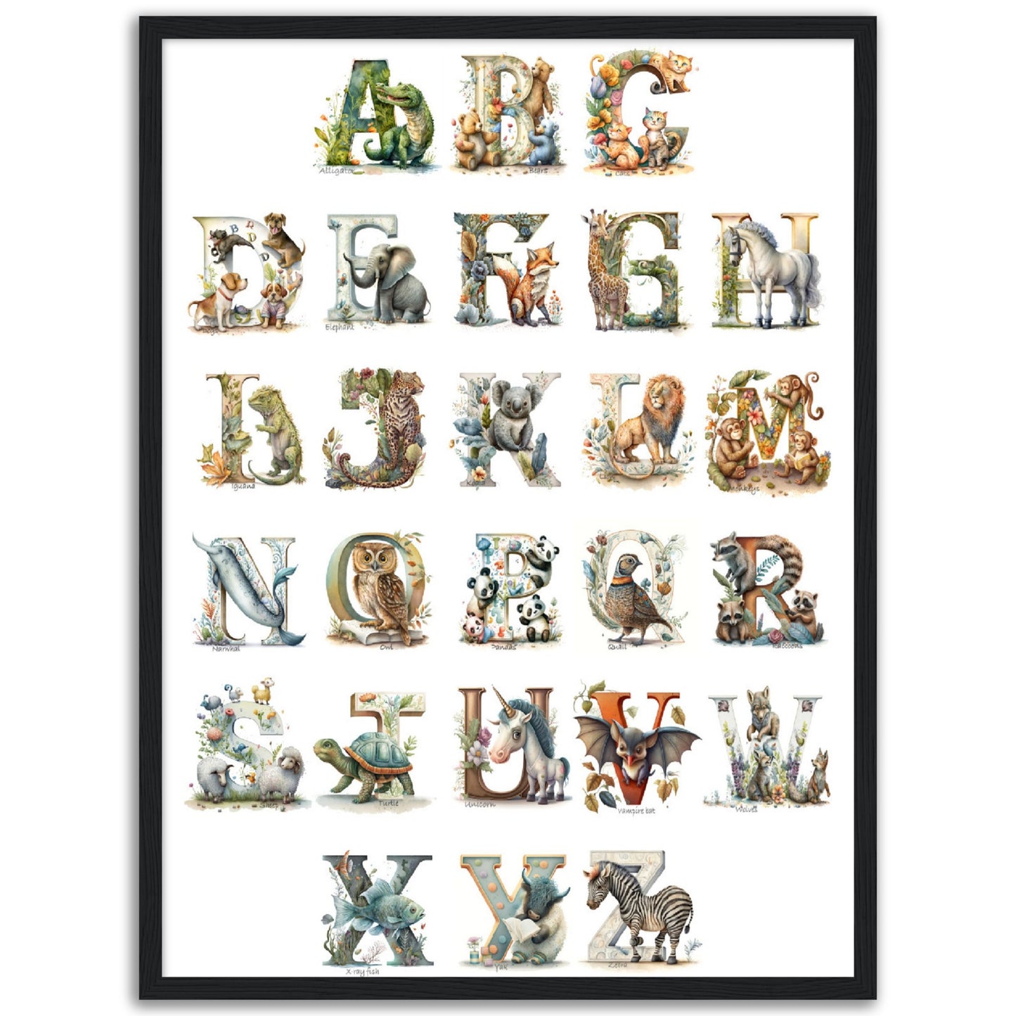 Kids Watercolor Animal Alphabet Print.