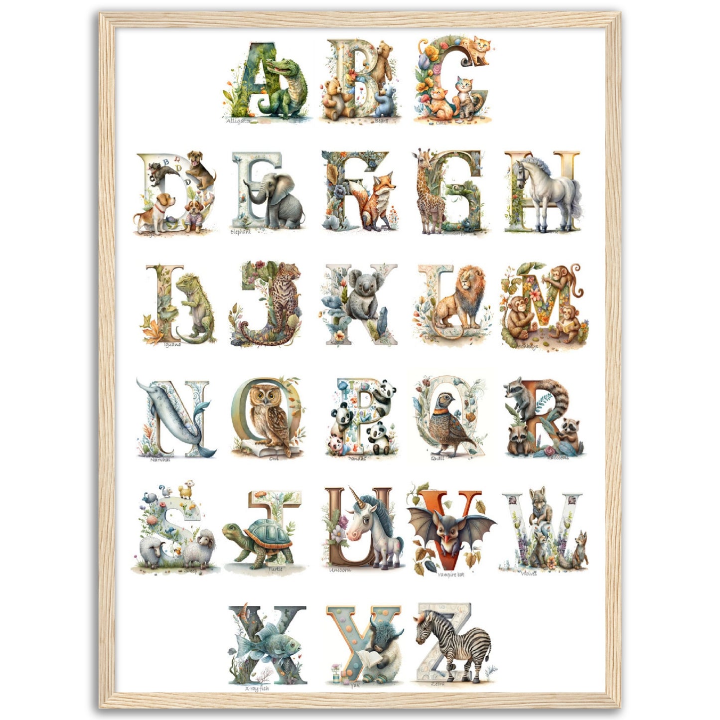 Kids Watercolor Animal Alphabet Print.