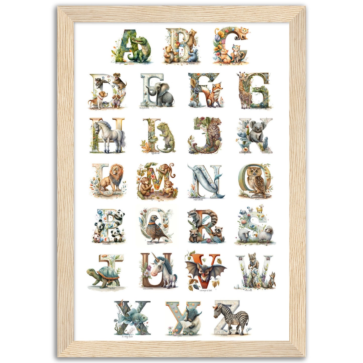 Kids Watercolor Animal Alphabet Print.