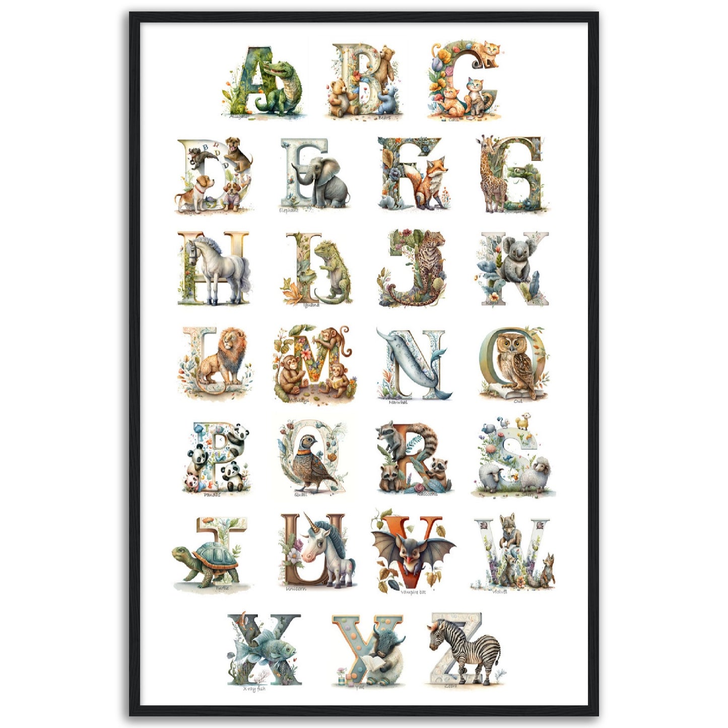 Kids Watercolor Animal Alphabet Print.