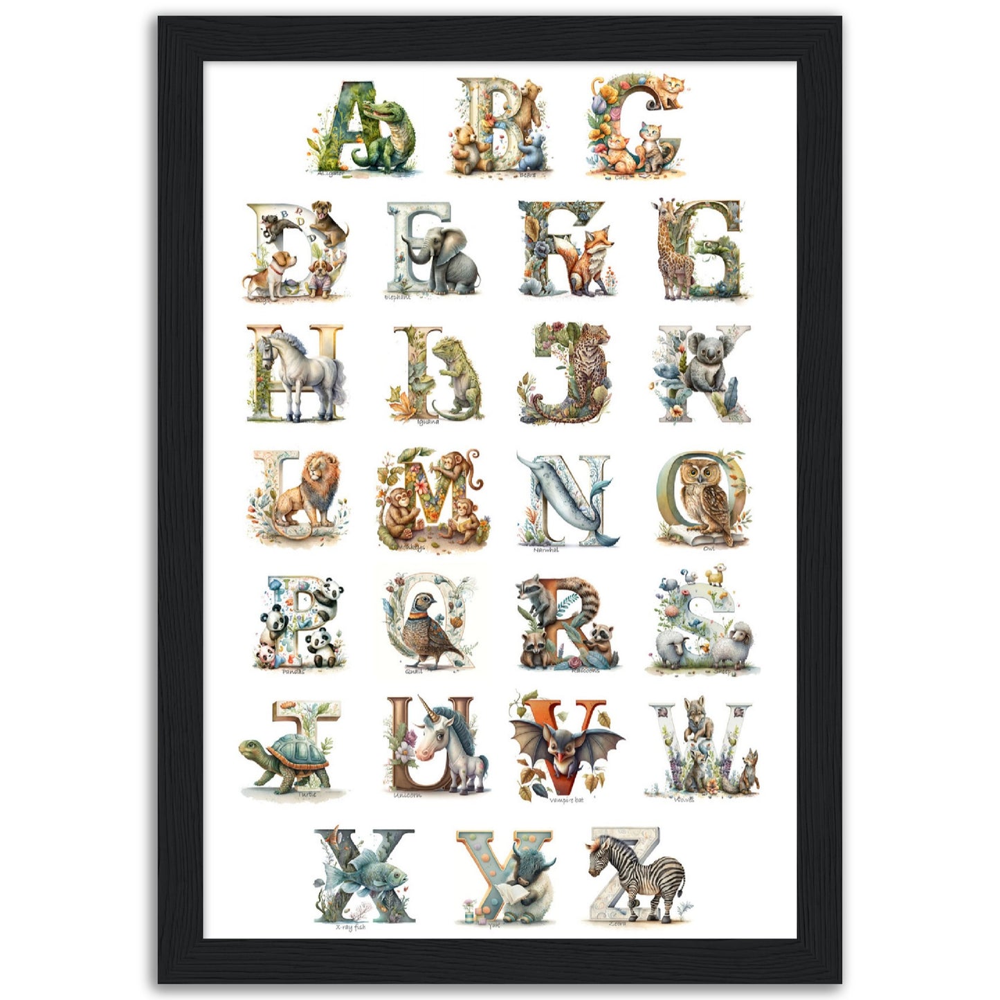 Kids Watercolor Animal Alphabet Print.