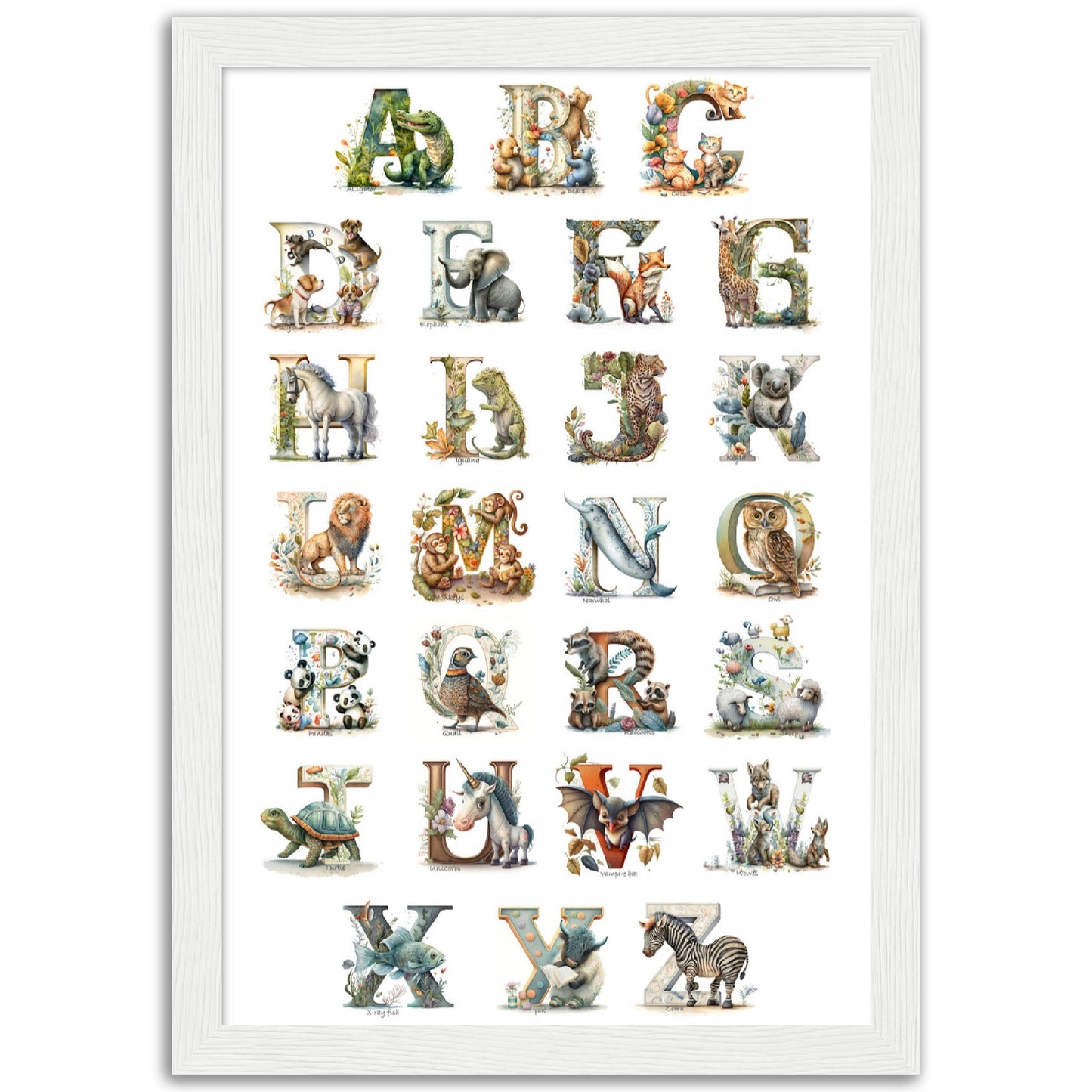 Kids Watercolor Animal Alphabet Print.