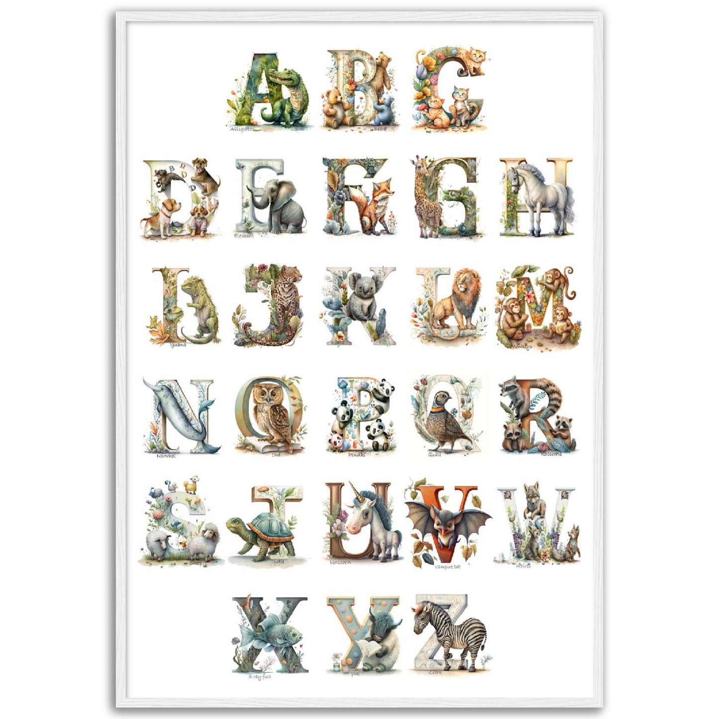 Kids Watercolor Animal Alphabet Print.