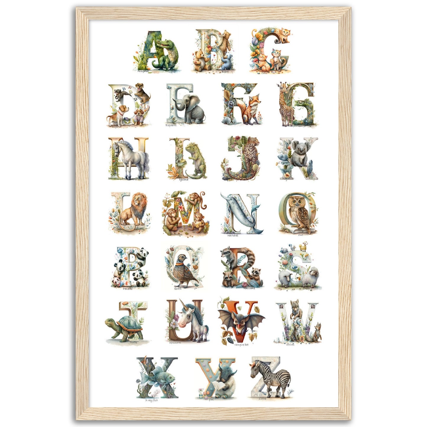 Kids Watercolor Animal Alphabet Print.