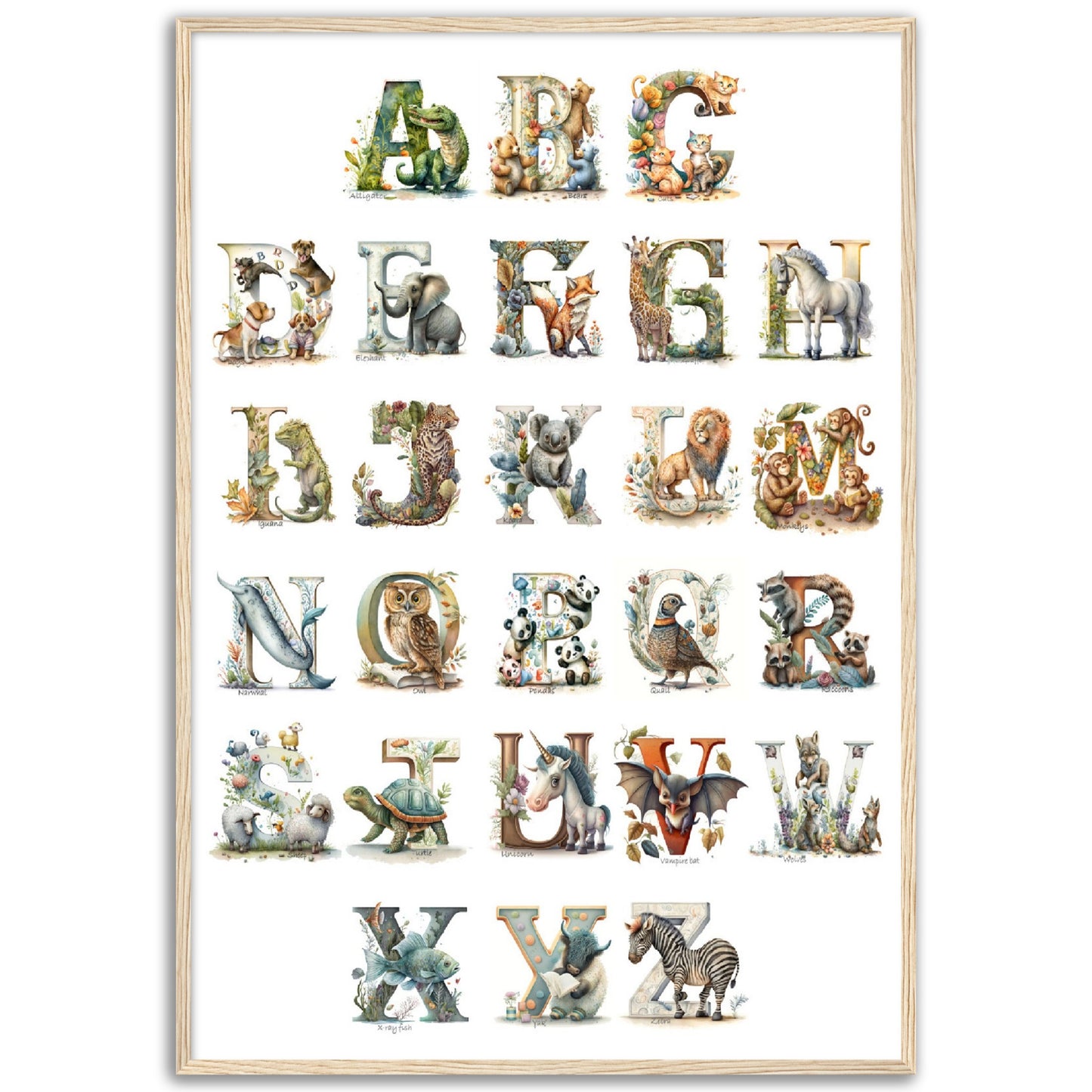 Kids Watercolor Animal Alphabet Print.